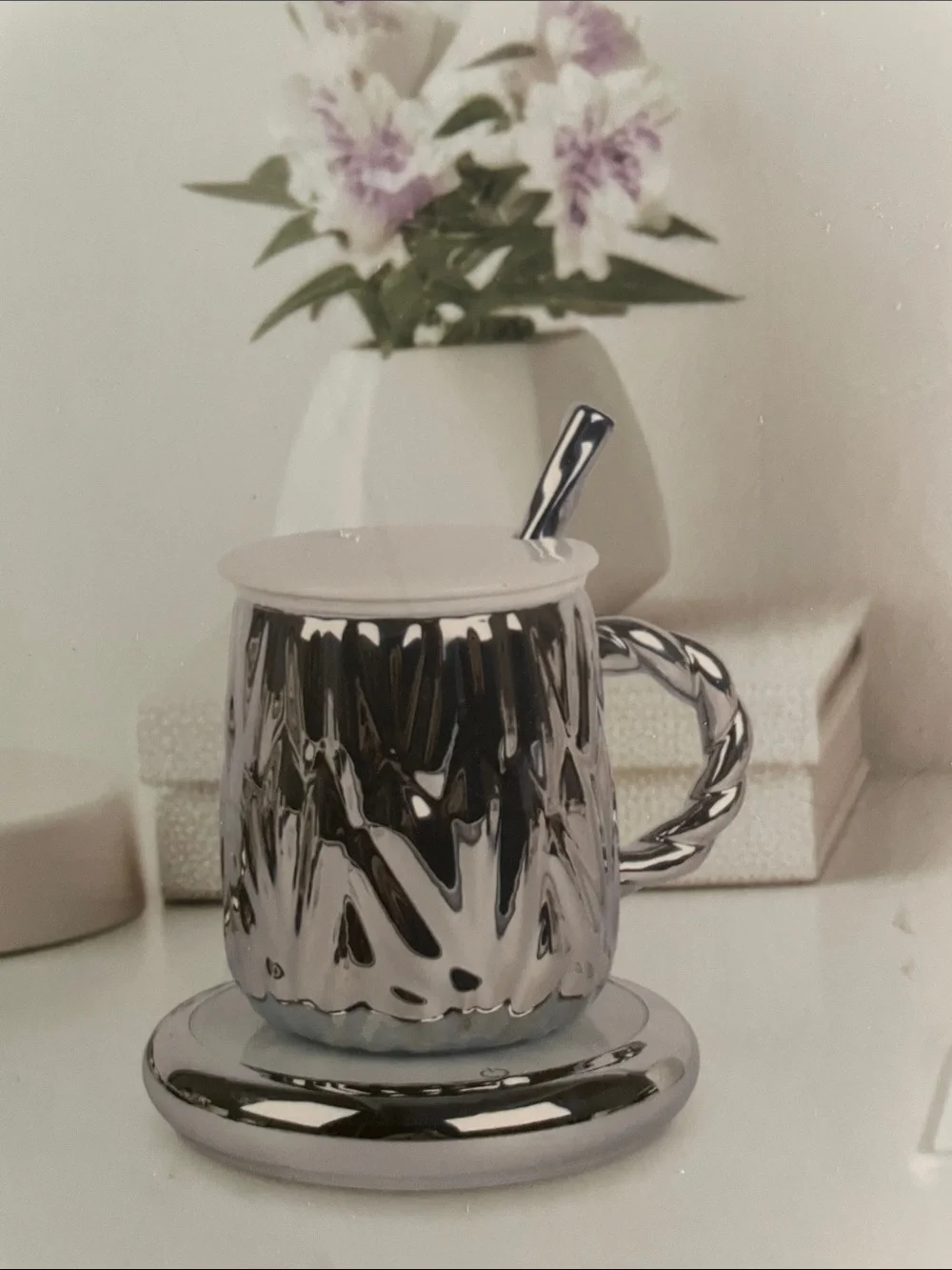 Delilah Wear Silver Ceramic Mug Warmer Set with Spoon